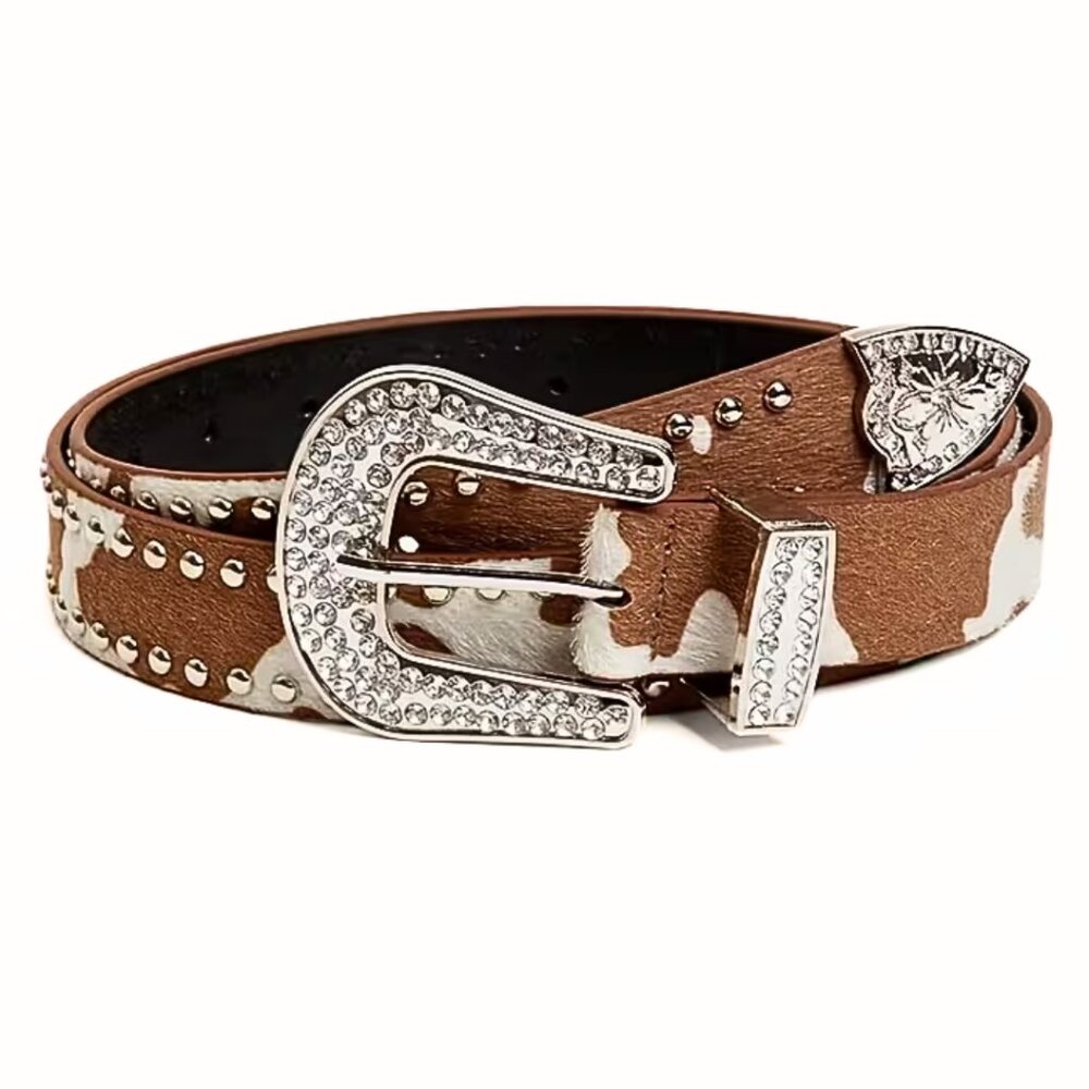 Cow Print Rivet Belt with Rhinestone Buckle, Street Style, Fashion Accessory Lg